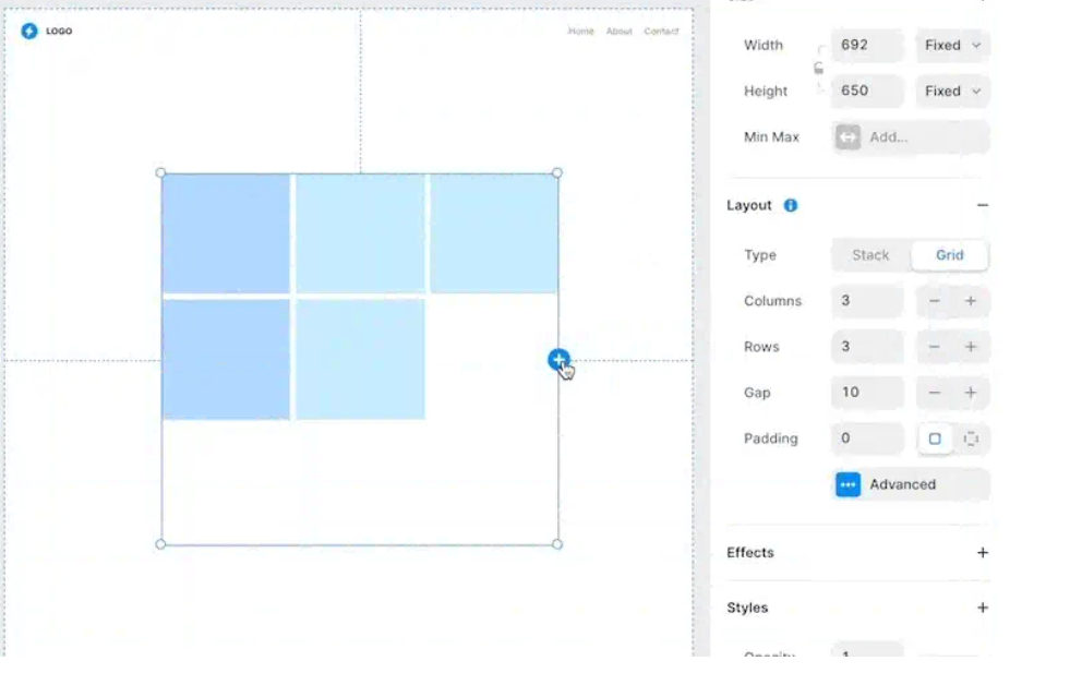 No 'plus' button for grids/rows/columns | Framer
