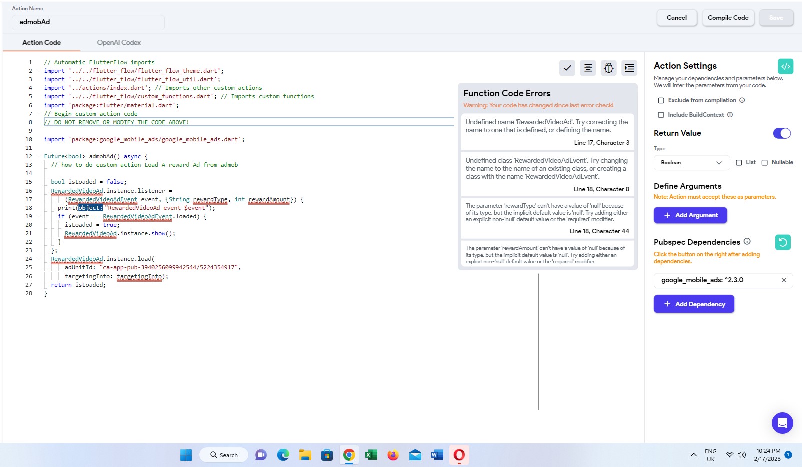 OpenAICodex custom action | FlutterFlow