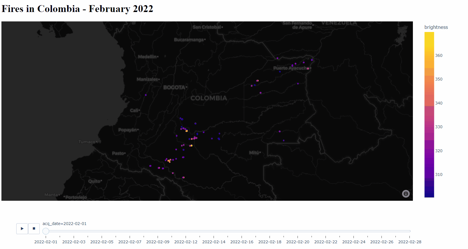 Animated scatter mapbox of wildfires in colombian charming data